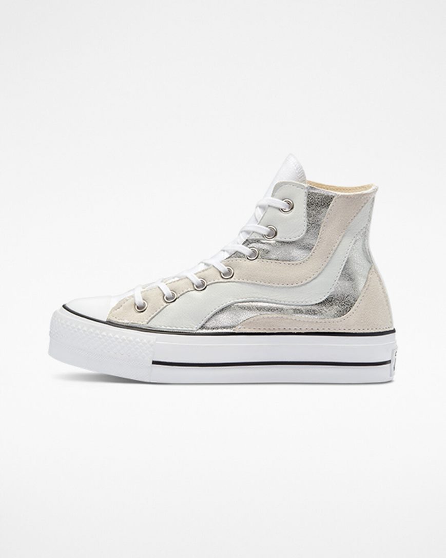 Sapatos Plataforma Converse Chuck Taylor All Star Lift Metallic Wave Cano Alto Feminino Branco | PT D0T517P